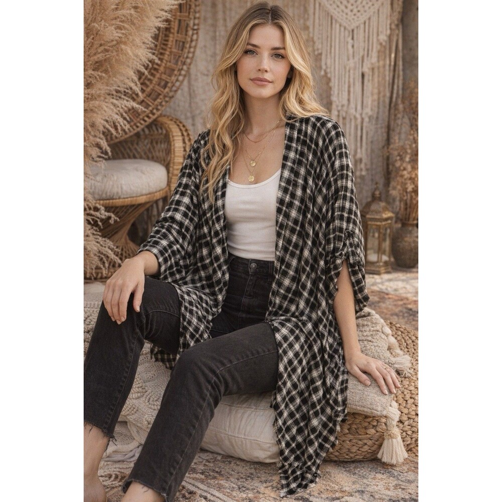 Knox Rose Women’s Flannel Cardigan Kimono Shirt Roll Tab Sz XL Cozy Warm